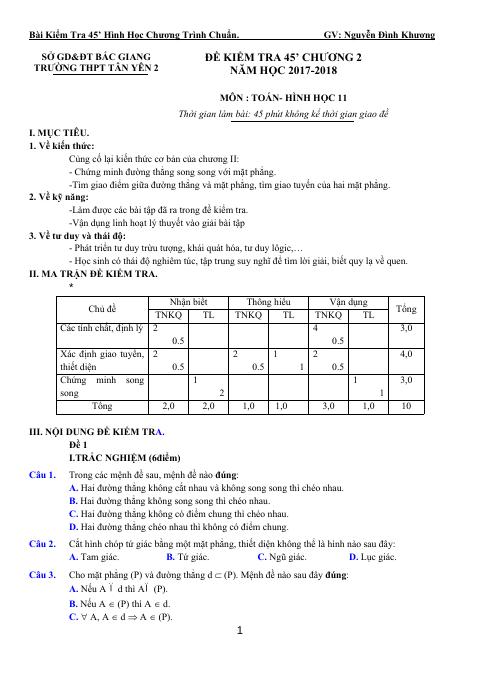 Đề kiểm tra 1 tiết Hình học 11 chương 2 (Quan hệ song song) trường THPT Tân Yên 2 – Bắc Giang (bản Word)